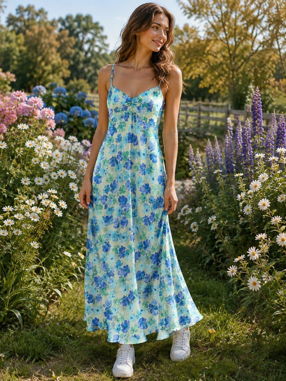 Vintage American Eagle Floral Slip Dress Blue Green Maxi Bias Cut Size 6